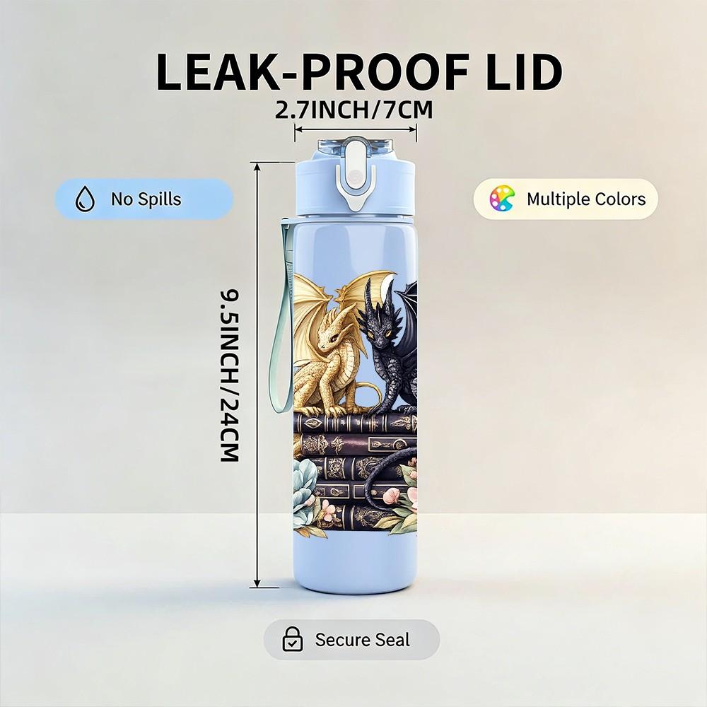 1PC Dragon Magic Book Fantasy Print 750ml Color Plastic Sports Water Bottle Leakproof Flip Straw Lid Suitable for Sports Office Home Use