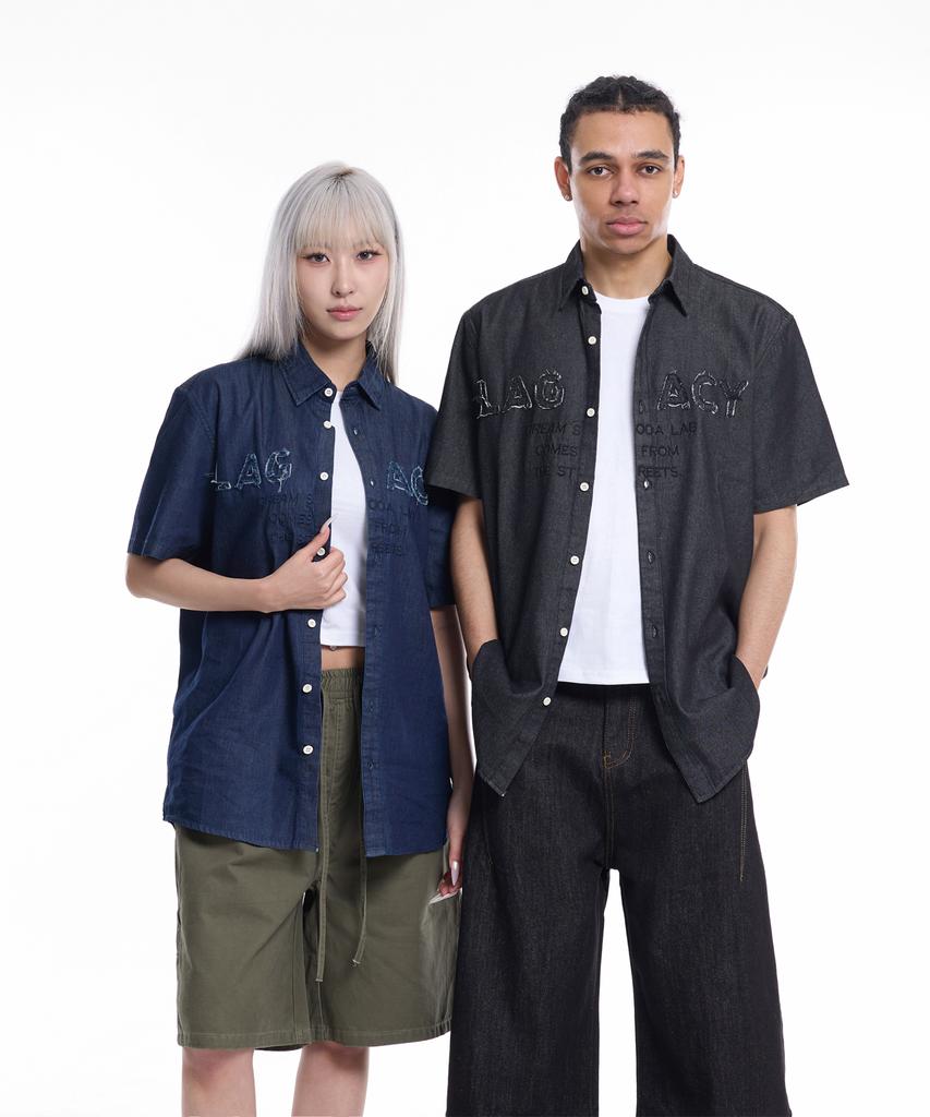 CREAM SODA LAB Applique Embroidered Lettering Denim Collared Short Sleeve Shirt Black