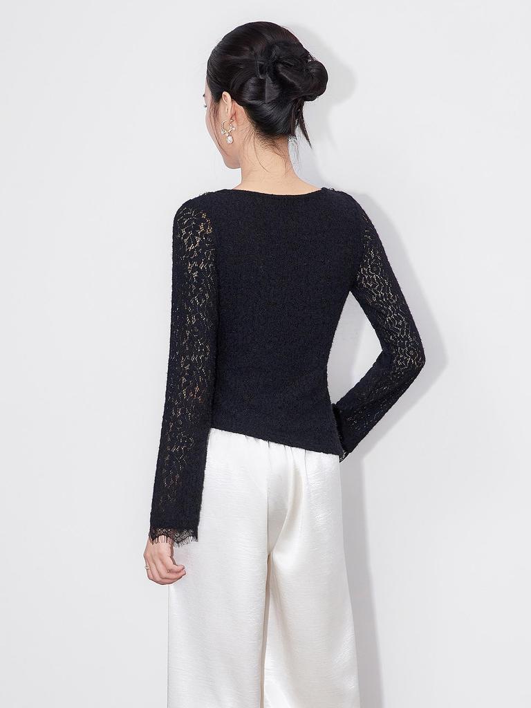 Nanyou Elegantes Französisches Ein-Schulter Perlen-Spitzen-T-Shirt