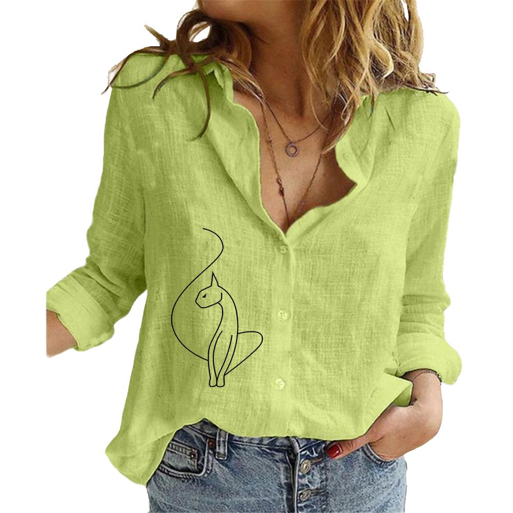 Women Fashion Cat Print Cotton Linen Top Ladies Lapel Collar Long Sleeve Cardigan Shirt Spring&Summer&Fall Casual Loose Blouses