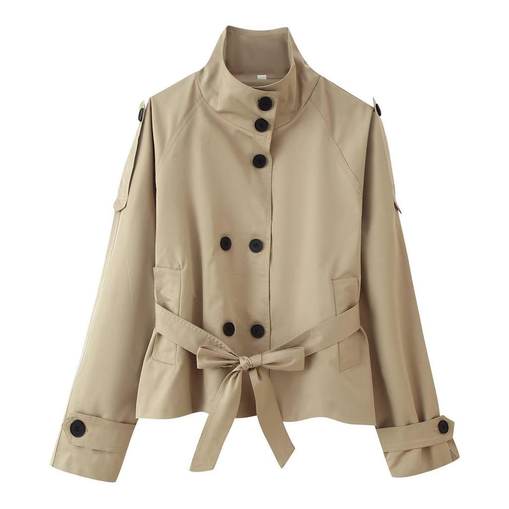 European and American Women's Double-Breasted Tie-Waist Casual Trench Coat Short Jacket