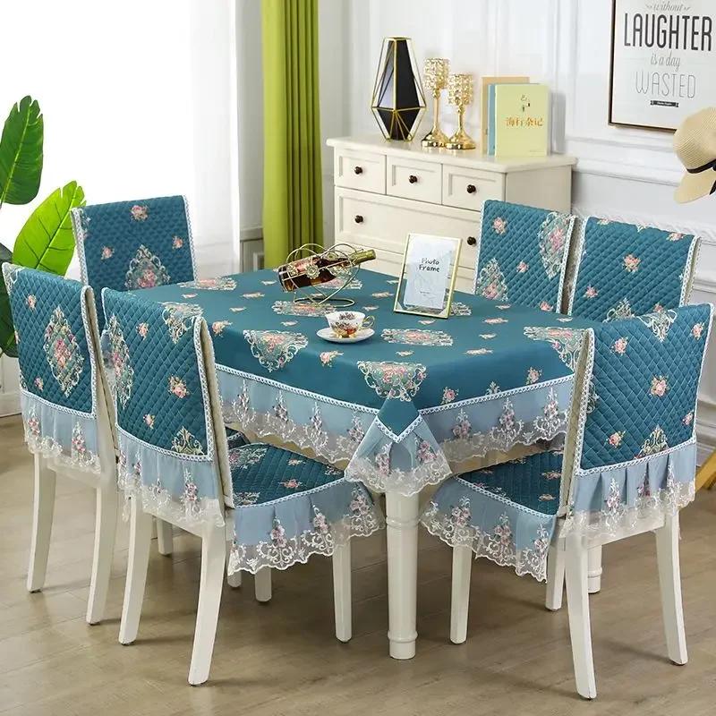European Style Non Slip Dining Table Fabric Lace Edge Printed Chair Cover Four Seasons Universal Dining Chair Cushion Cover