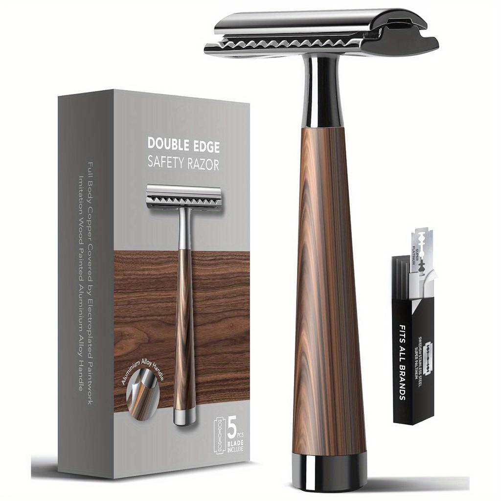 Double Edge Safety Razor Handle Razor with 5 Blades Heavy Duty Eco-Friendly Razor Replaceable Blade
