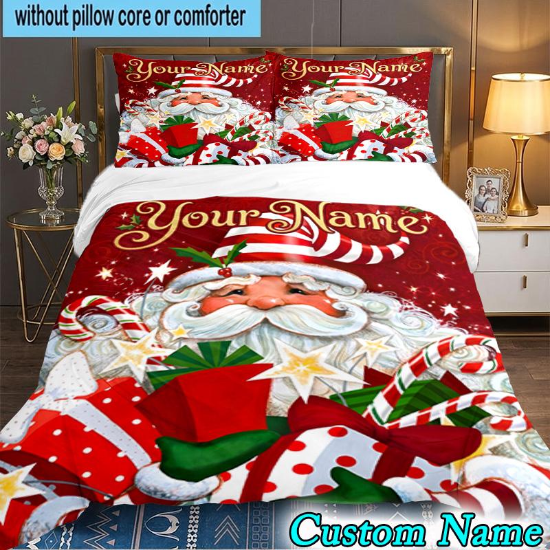 Custom Name 3PCS Santa Snowman Friendship Bedding Set,Including Duvet Cover And 2pcs Pillowcases Perfect for Bedroom,Dormitory,Fan Christmas Gift