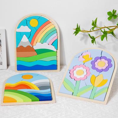 Holz Kinder Cartoon dreidimensional Regenbogen Puzzle Konzentrationstraining Früherziehung Baustein Farberkennung Puzzle 3D Puzzle