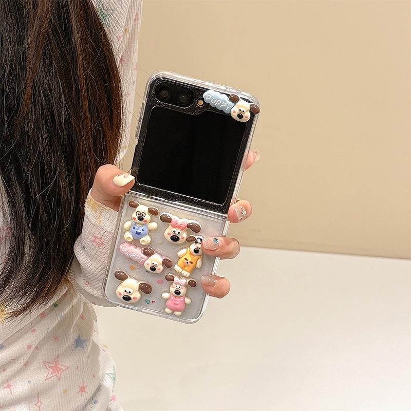 Transparent Glue Glitter Puppy Phone Case for Samsung Zflip6 Folding Screen Flip Cover