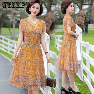 Women's Casual Dress Short-sleeved Large Yards Mesh Floral Dress Long Temperament V-neck Summer Middle-aged A-line Dress