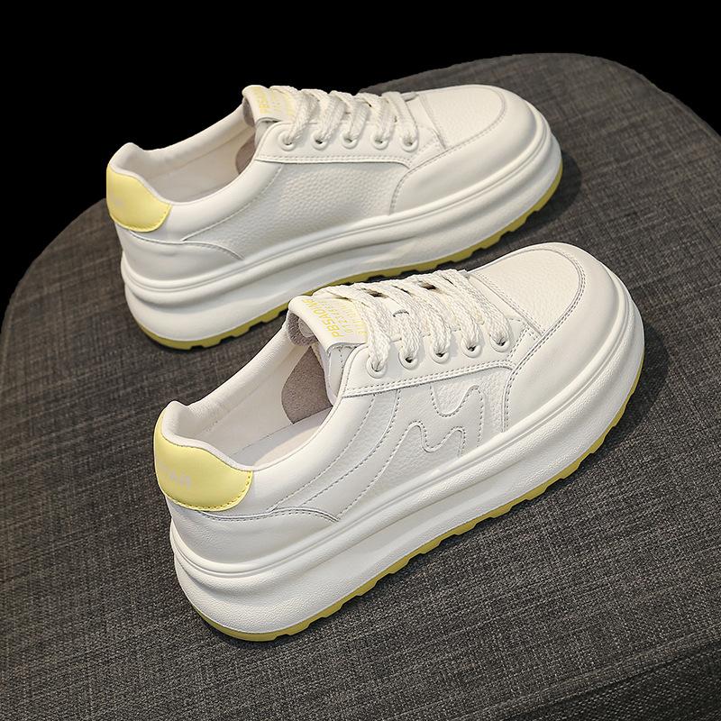 Leather platform white shoes versatile muffin women's shoes 2025 spring and summer new women's board shoes sports and leisure shoes