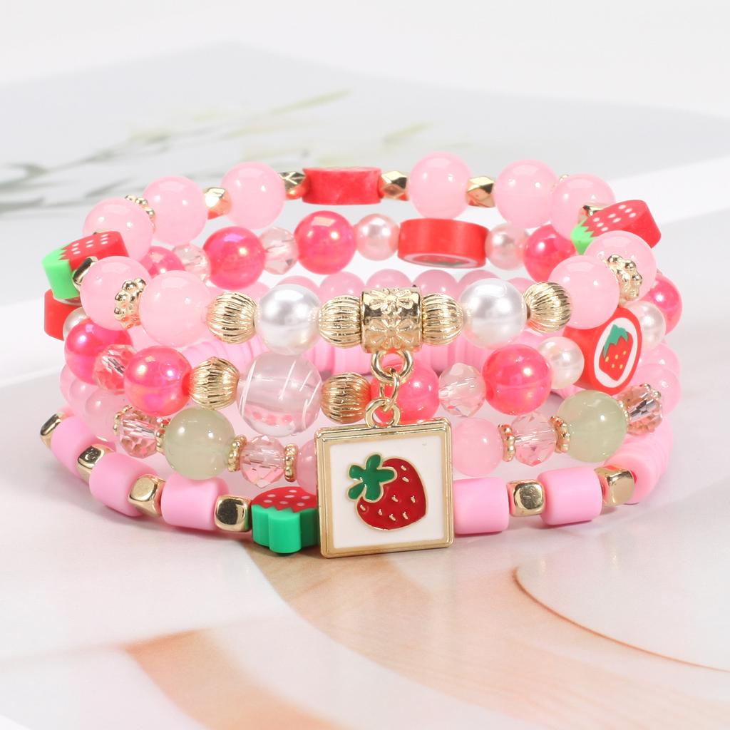 Strawberry Pendant Pink Beads Multilayer Stretch Bracelet Cute Fruit Hand Decoration Gift for Women
