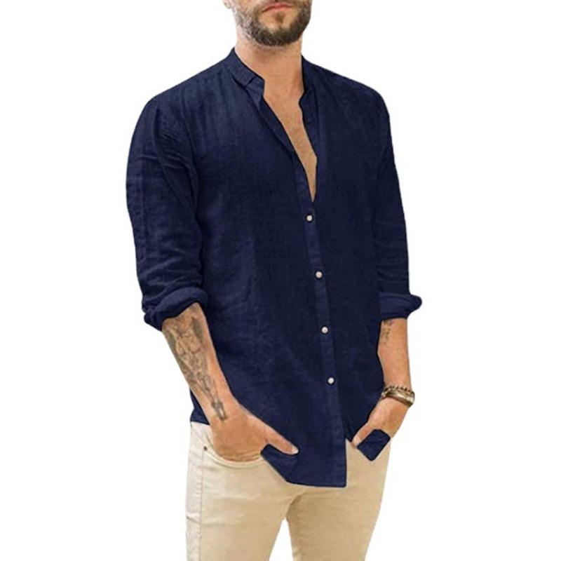 Men Mandarin Collar Long Sleeve Shirt Light Breathable Loose Button Down Multi Color Vacation Casual Tops