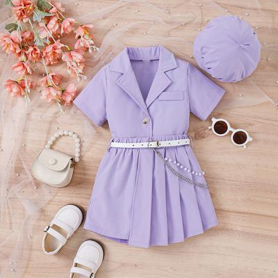 Sweet Girl's Set Spring/summer Children's Lapel Top, Pleated Skirt Pants, Hat with Belt, School Set