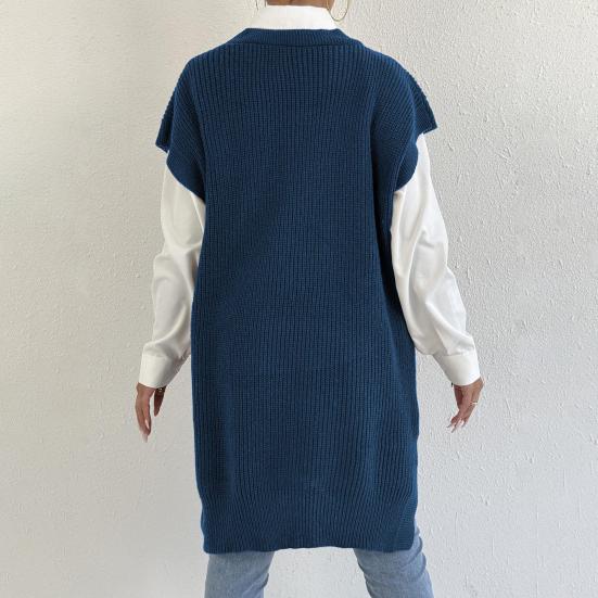 Women Sweater Vest V-Neck Sleeveless Solid Color Knitting Vest Loose Fit Side Split Design Casual Sweater Vest