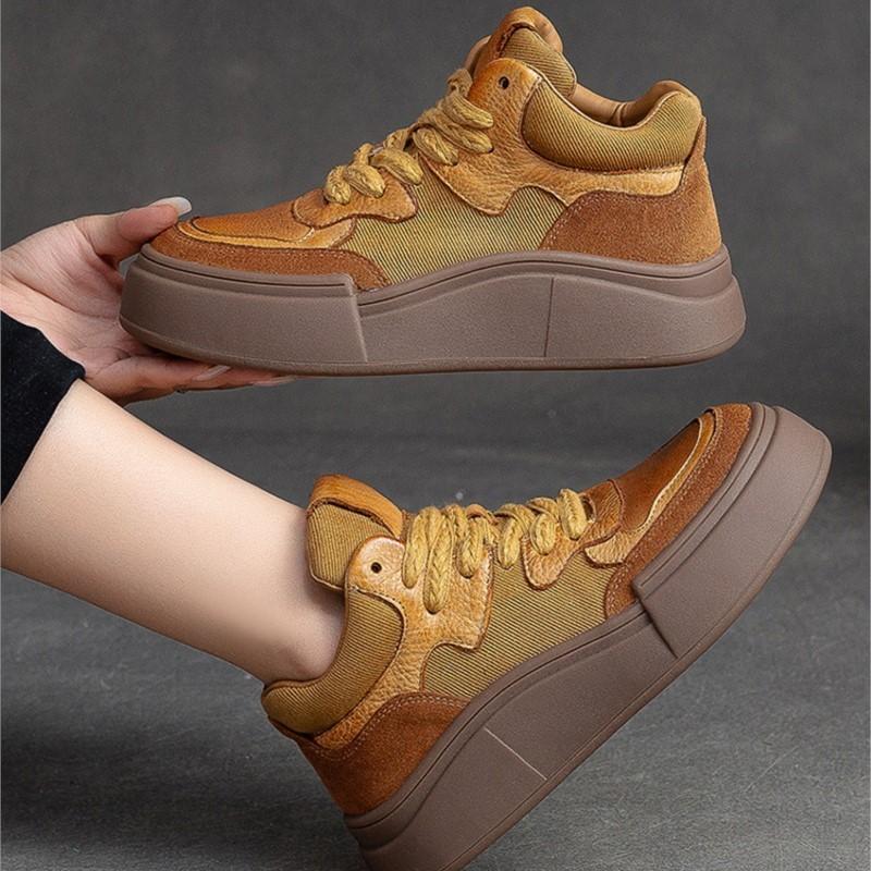 Johnature Chaussures plates décontractées à lacets en cuir véritable à semelles épaisses et bout rond pour femmes, chaussures à plateforme polyvalentes