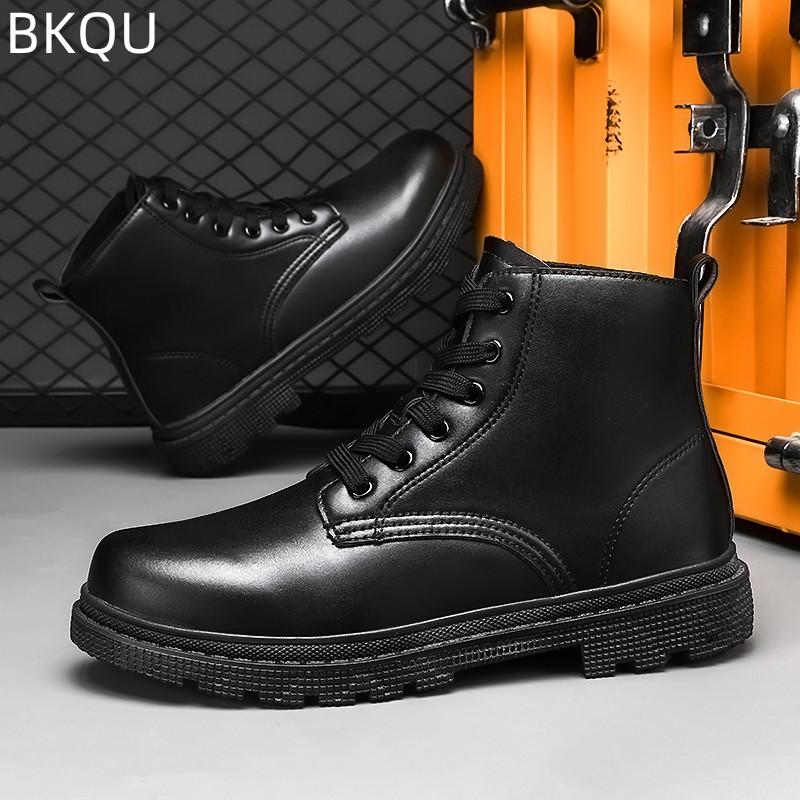 

trend Men s Black Tooling Boots High-top Shoes Round Toe Casual Lightweight Thick Bottom Outdoor Trend Versatile Breathable Fashion