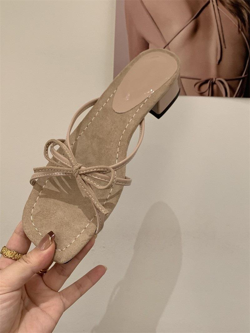 

French sandals women s summer new thick heel bow light blue thin strap open toe low heel suede temperament cool slippers women 40