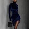 2025 European Autumn/Winter Velvet High Neck Lace Hem Slim Fit Mini Dress