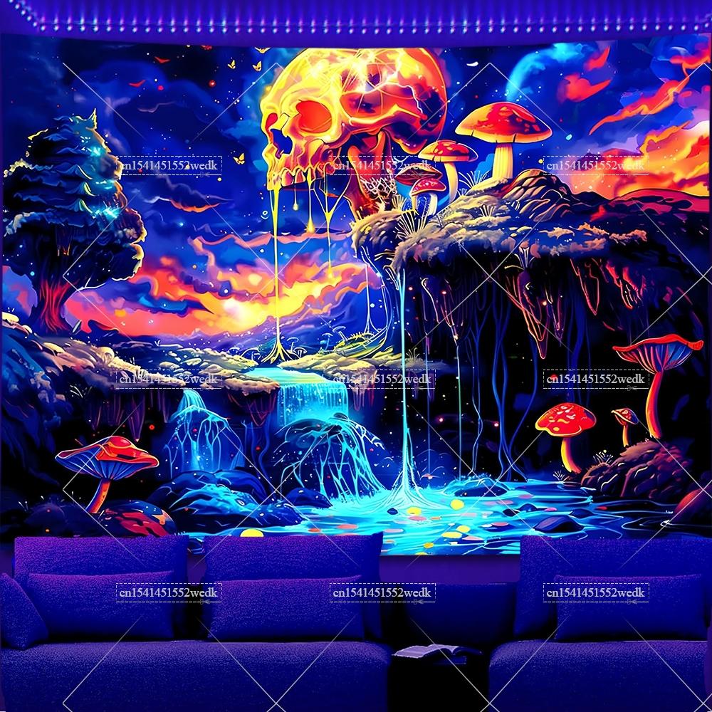 Skeleton Eye Blacklight Mushroom Tapestry UV Reactive Sun And Moon Neon Tapestrys Glow In The Dark Aesthetic Room Decor Posters