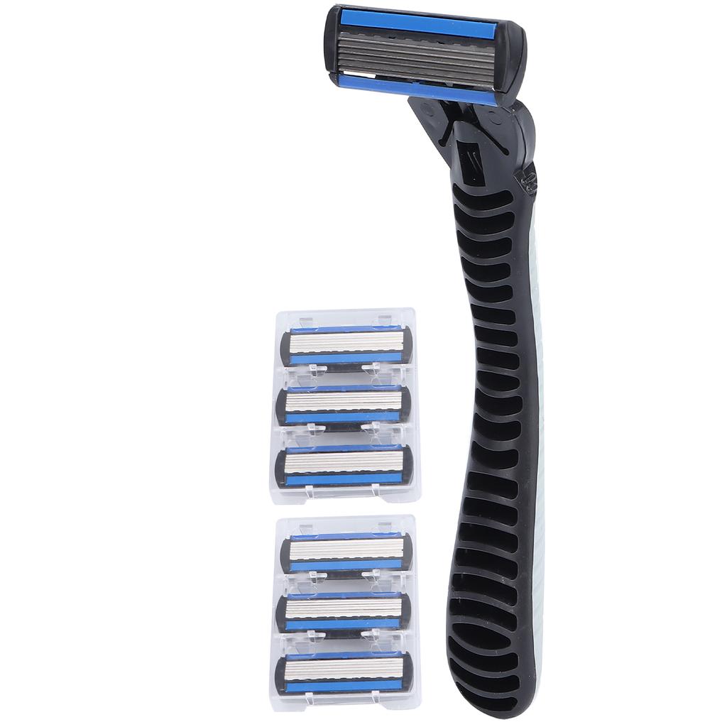 Manual Razor Set 6 Layers Blade Reusable Razor Handle 6 Refills Men's Shaving Razors Silver White