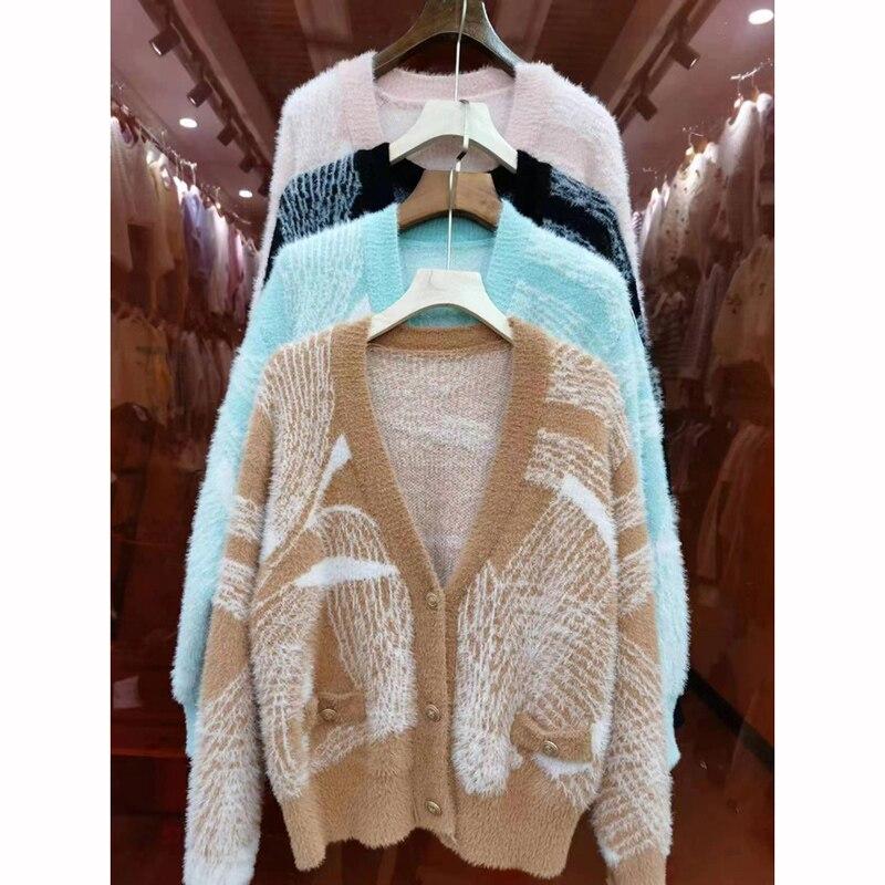 

Мягкий полосатый норковый кашемировый кардиган, пальто, женский осенний свободный вязаный свитер с v-образным вырезом, куртка, женские модные теплые кардиганы 28609 One Size светло-синий