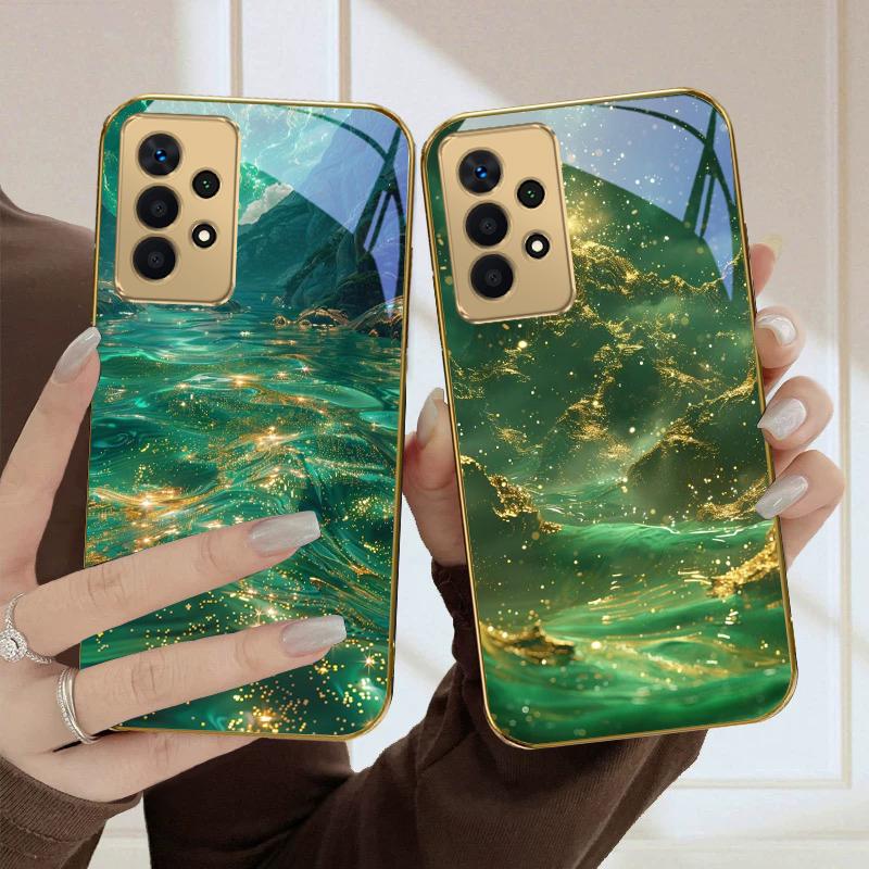 Deep Green Jade Texture For Samsung A36 A35 A34 A33 A32 A31 A26 A25 A23 A22 A21s A73 A72 A71 A42 A56 A13 Golden Glass Phone Case