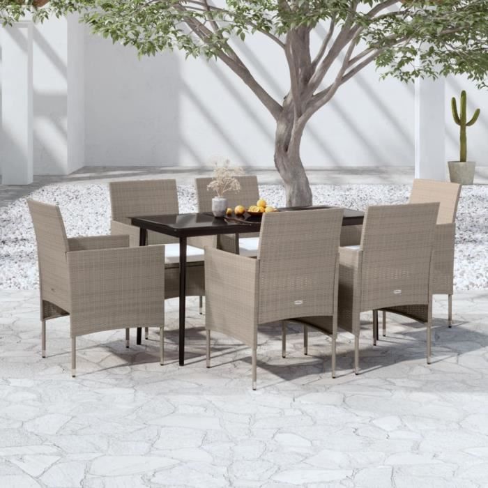 VidaXL Mobilier de salle à manger de jardin coussins 7 pcs Beige-noir 3099320