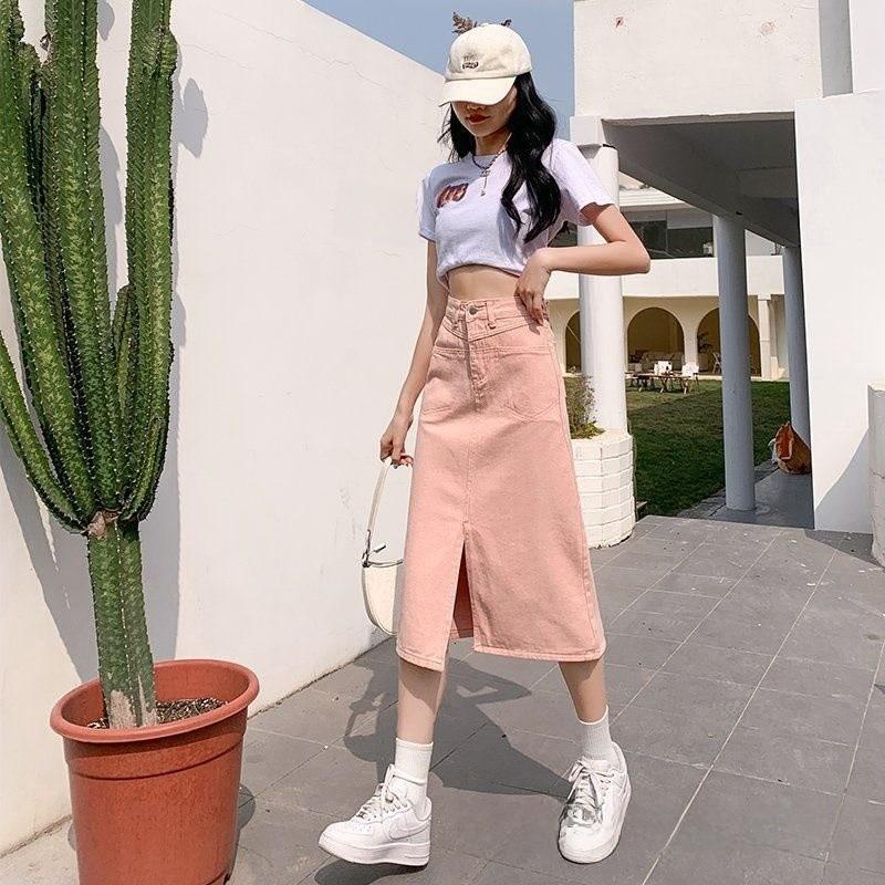 Cotton Blend Pink Midlength Skirt With Zipper And Button For Spring Summer Casual Wear
