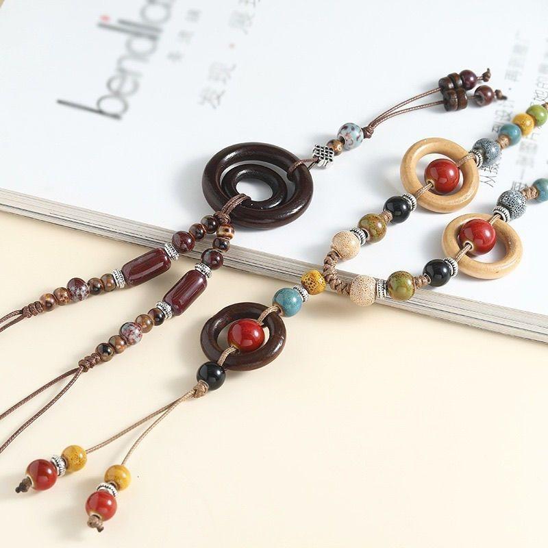 Butterfly Pendant Ceramic Necklace Long Vintage Versatile Wooden Ring Sweater Chain Adjustable Clothes Accessories
