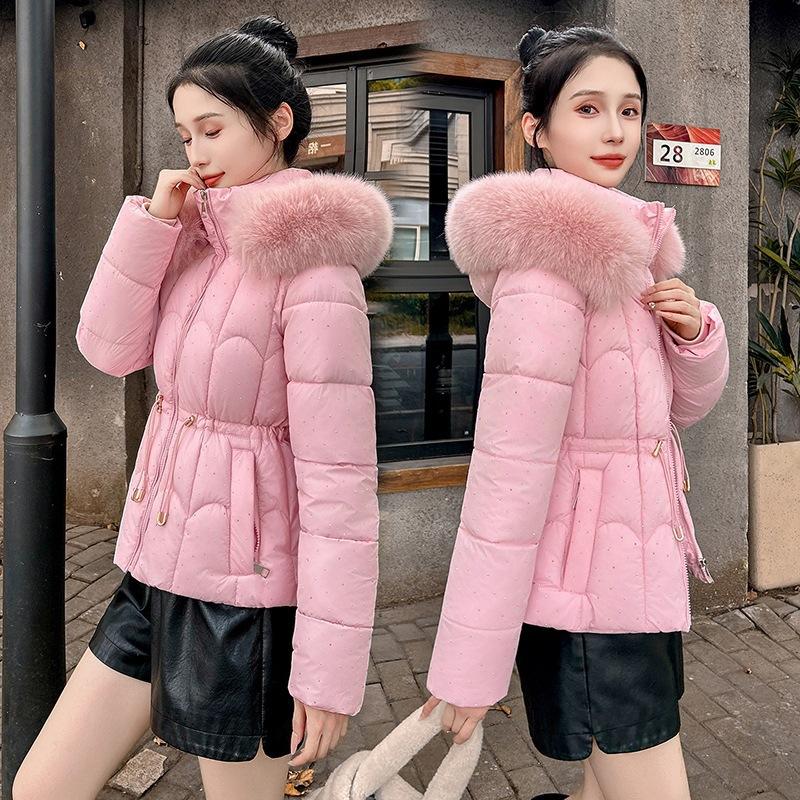 Sparkling down cotton-padded clothes women's winter big fur collar waist thin cotton-padded clothes jacket foreign style short small cotton-padd