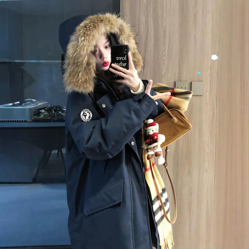 Winter long knee cotton-padded clothes hooded big fur collar thickened fashion versatile cotton-padded jacket