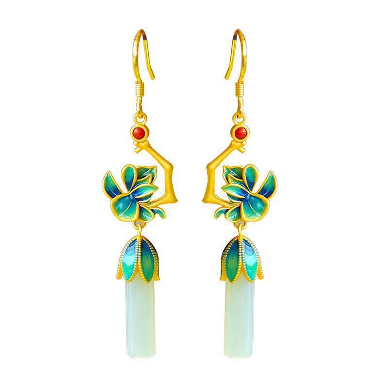 Natural Hotan Jade Enamel Flower Earrings for Women Exquisite Chinese Style Classical Cheongsam Hanfu Jewelry Accessories