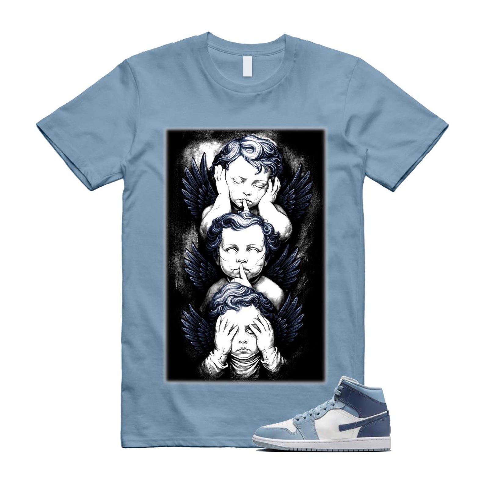 1 Diffused Blue Grey White Mid T Shirt Match NO EVIL L