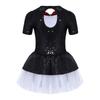Girls Penguin Costume Color Contrast Sequins Dress Round Neck Short Sleeve Bow Tie Buttons Puffy Mesh Skirt