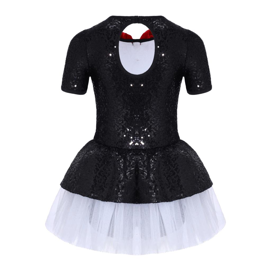 Girls Penguin Costume Color Contrast Sequins Dress Round Neck Short Sleeve Bow Tie Buttons Puffy Mesh Skirt