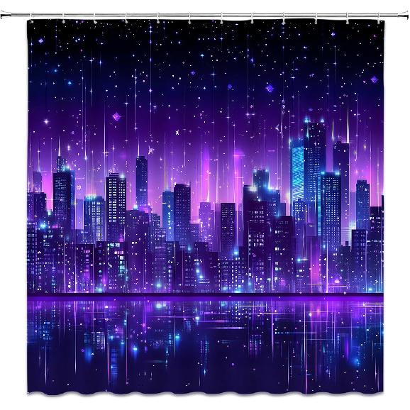 New York Shower Curtain City Night View Cyberpunk Cityscape Skyline Building Scenery Fantasy Bathroom Curtains with Hooks