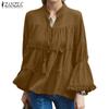 Women Casual Round Neck Solid Color Loose Lantern Sleeve Blouse