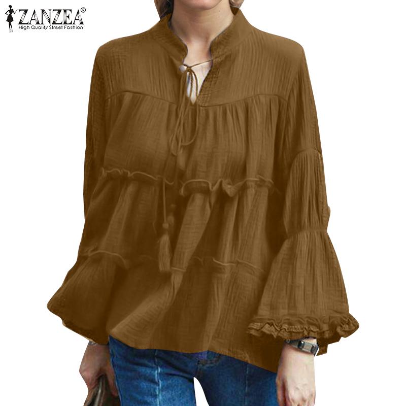 ZANZEA Blouse Décontractée pour Femme à Col Rond et Couleur Unie, Ample, à Manches Lanternes