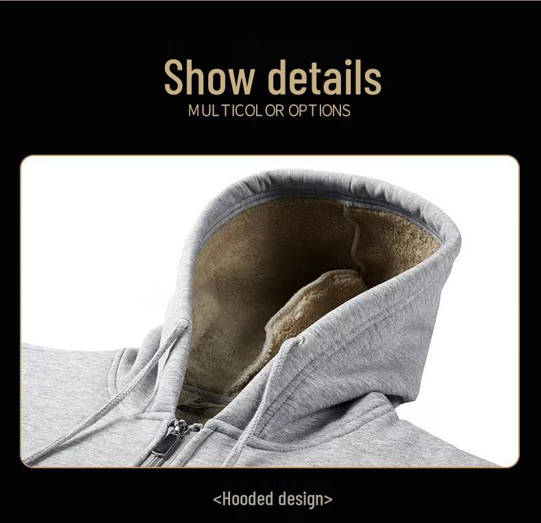 Men's Hooded Lambswool Jacket, Plus Velvet Thick, Casual Pure Color, Autumn/Winter Style with Zipper