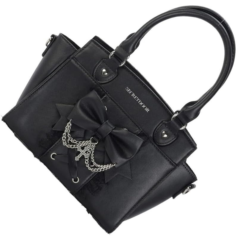 

[SecretDoor] black shoulder bag shoulder tote bag tote 2WAY independence handbag handbag ribbon frills race cross cross chain blueberry heart landmine