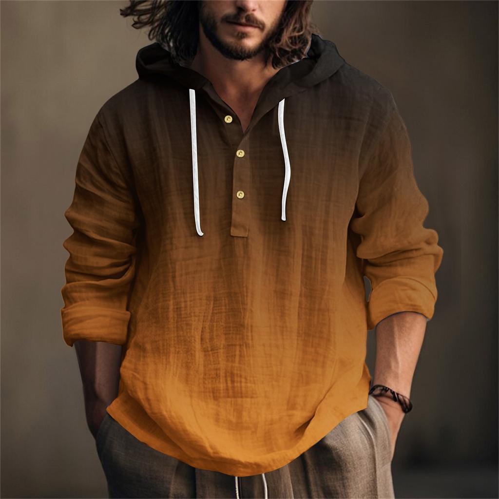 Camicia da Uomo Stampata in Cotone e Lino con Cappuccio a Maniche Lunghe con Cappuccio Primavera ed Estate Casual da Indossare Tutti i Giorni