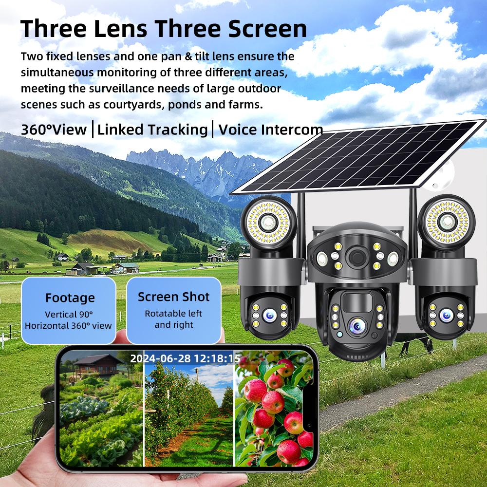 4G/WIFI Solar-powered Security Camera, Triple Lens, Triple Screen, Full-color Night Vision, Motion Detection, Wireless Monitoring