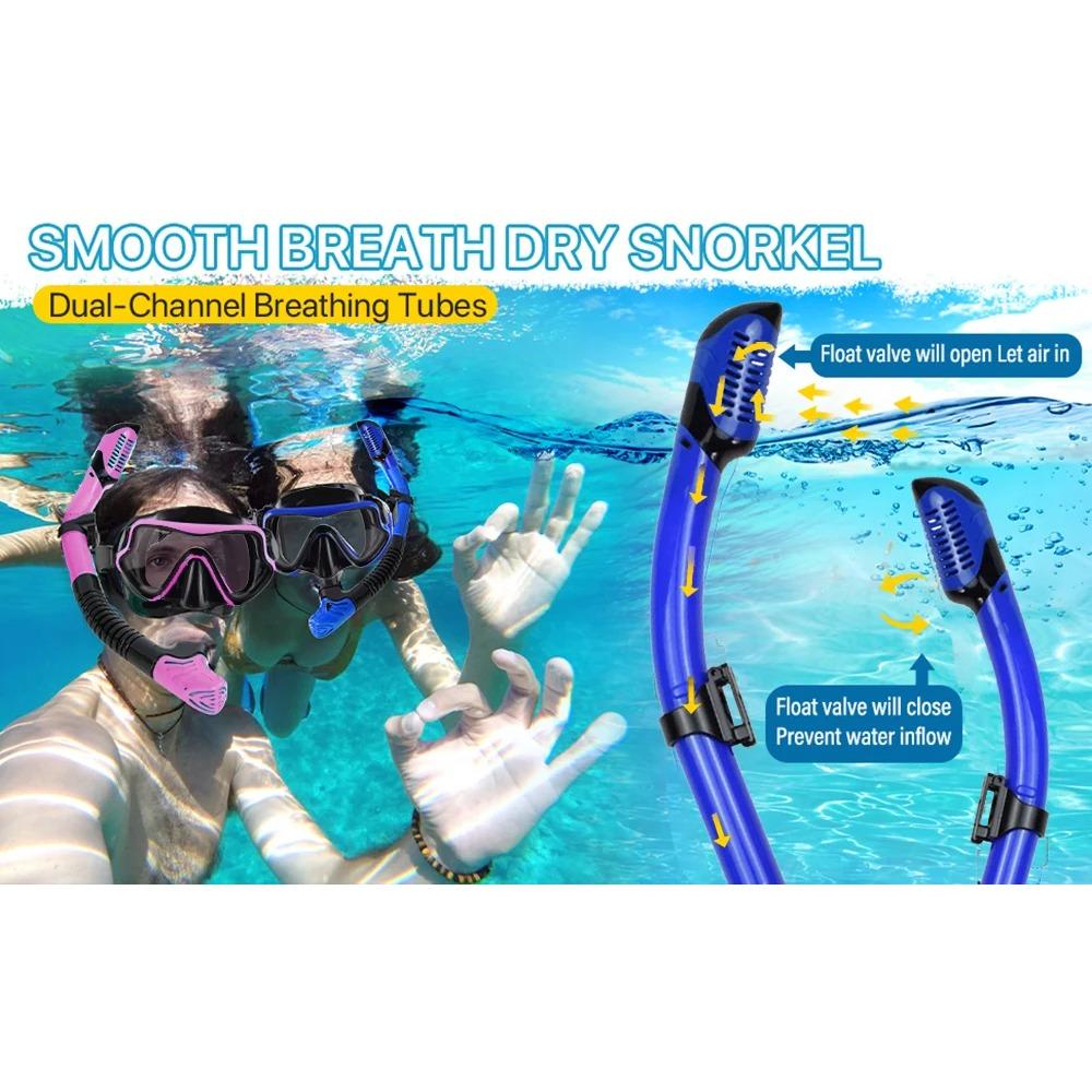 Mask Fin Snorkel Set Snorkel Gear for Adult Panoramic View Snorkel Mask Adjustable Dive Flipper Dry Top Snorkel and Travel Bag