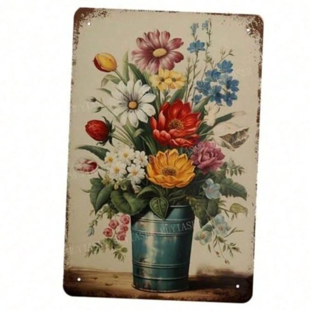 Vintage Metal Flower Wall Sign, Bright Garden Decor