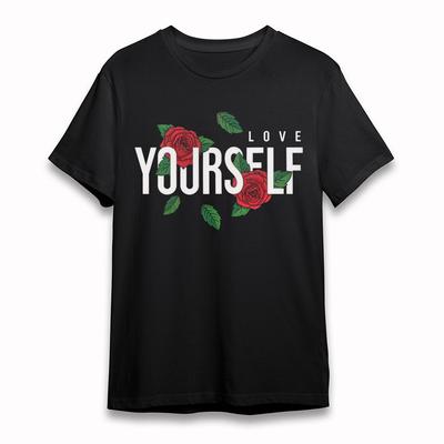 Damski bawełniany T-shirt Czerwona Róża LOVE YOURSELF T-shirt Krótki Oversize Czarny Wygodny