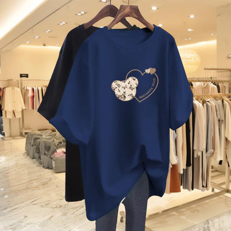 Tricou de damă Plus Size 2024, din bumbac pur, cu imprimeu lejer, de lungime medie, care acoperă șoldurile