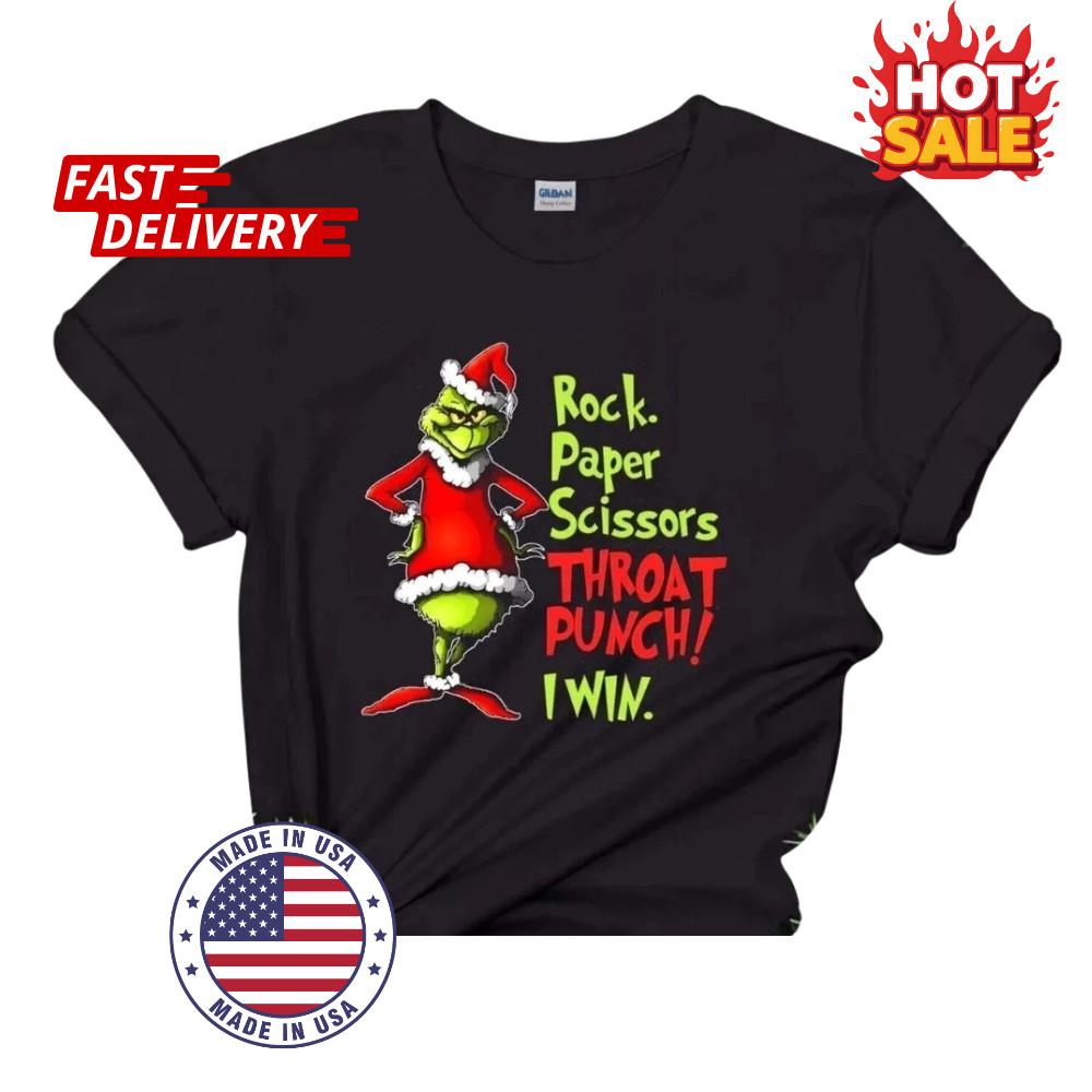 Sale Grinch Rock Paper Scissors Throat Punch I Win Christmas T-Shirt Size S-5XL XXL