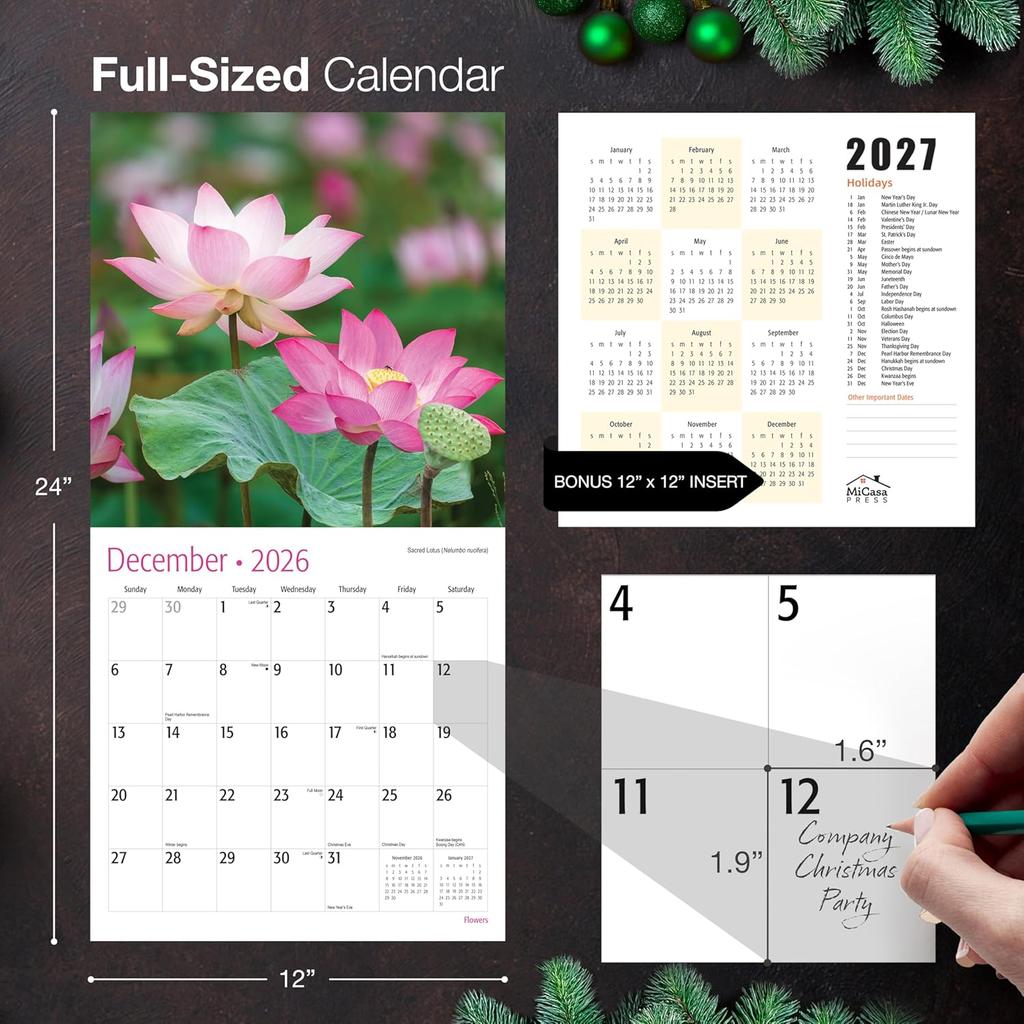 MICASA PRESS Flowers 2026 Wall Calendar 12 Month | 12" x 24" Open | Thick & Sturdy Paper | Holiday Gift | Garden Nature Calendar 2026