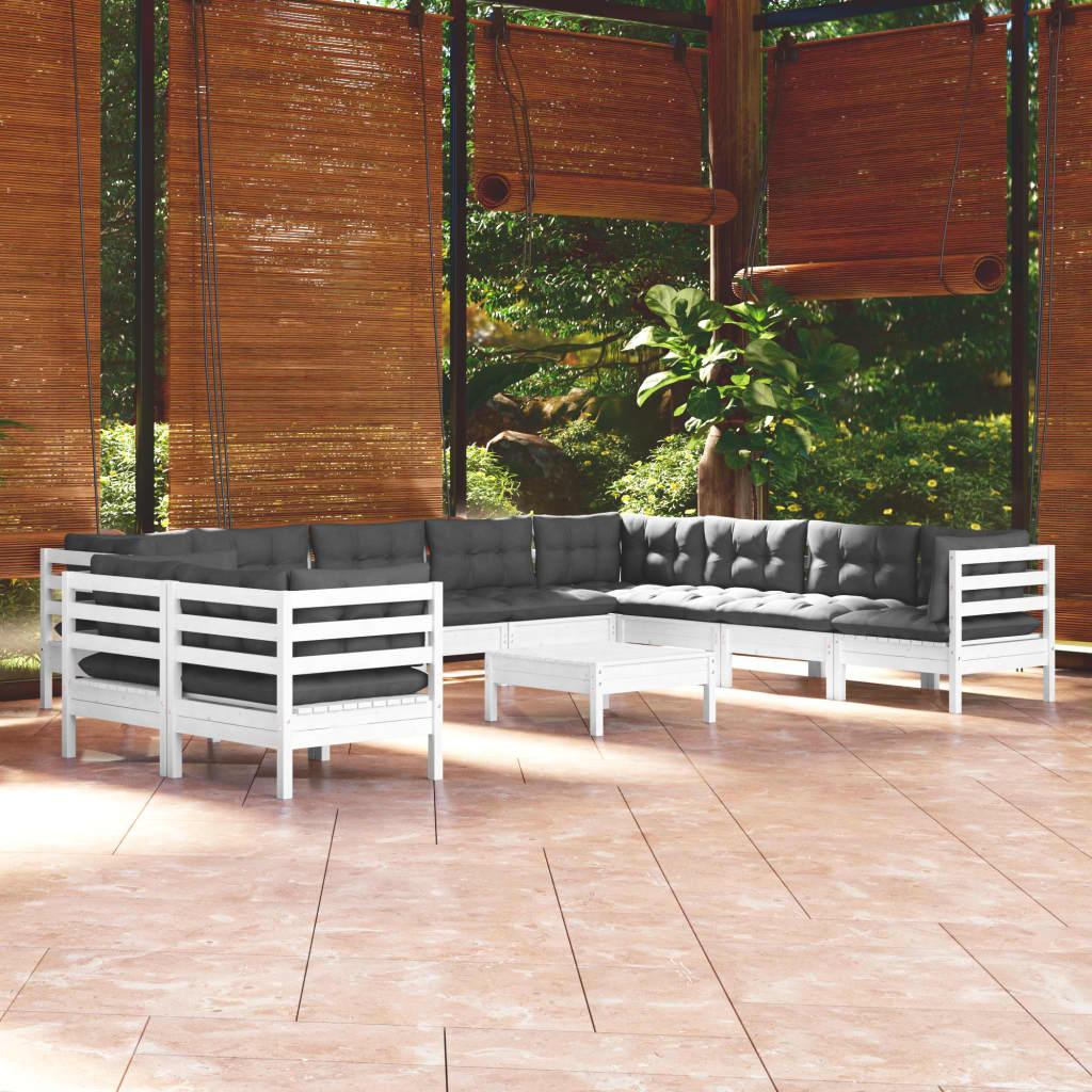 11 Piece Garden Lounge Set with Cushions White Solid Pine Wood