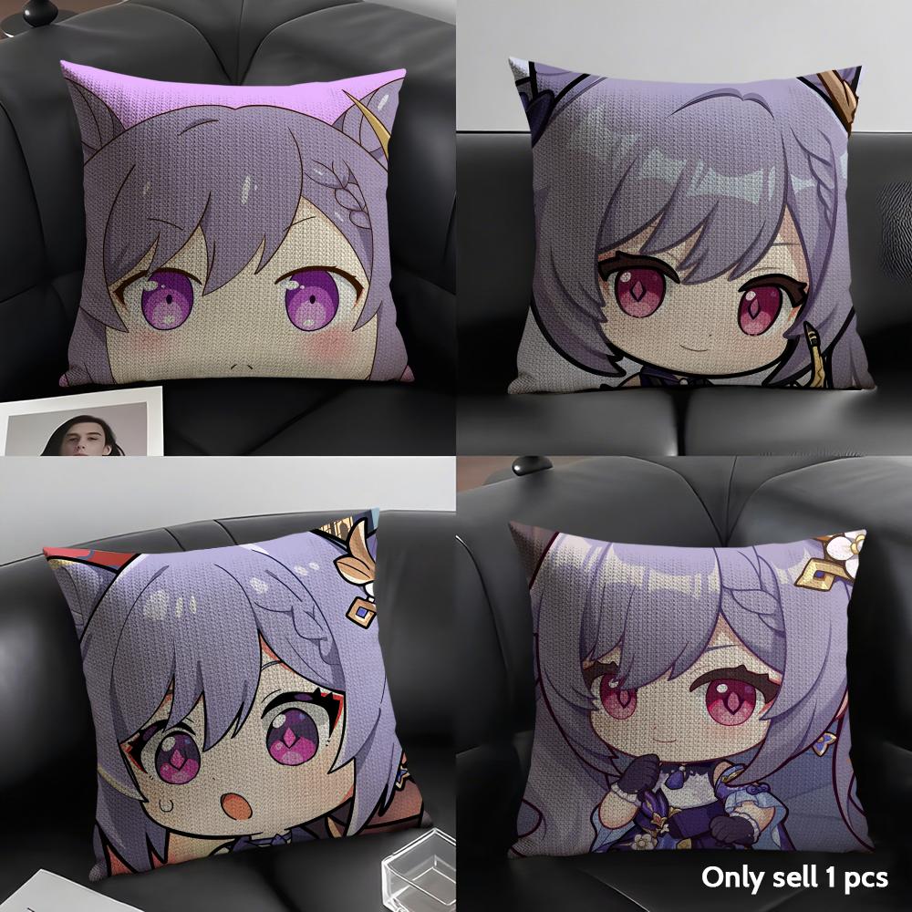 Keqing Cute Genshin Impact Cushion Cover Natural Linen Organic Fabric Double-Sided Printing Sofa Home Decor Gift Pillow Case