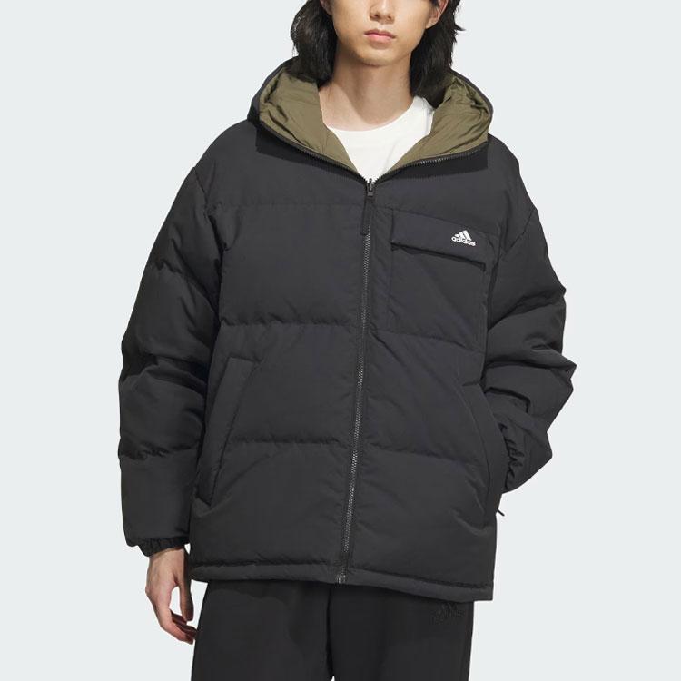 Adidas Reversible Down Jacket With Letter Logo Print and Hood Men Outerwear Black IV7569