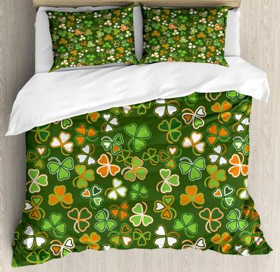 St. Patrick's Day Duvet Cover Lucky Shamrocks Pattern Irish Clover Celebration Day Party Prints Room Decorative Green and Orange